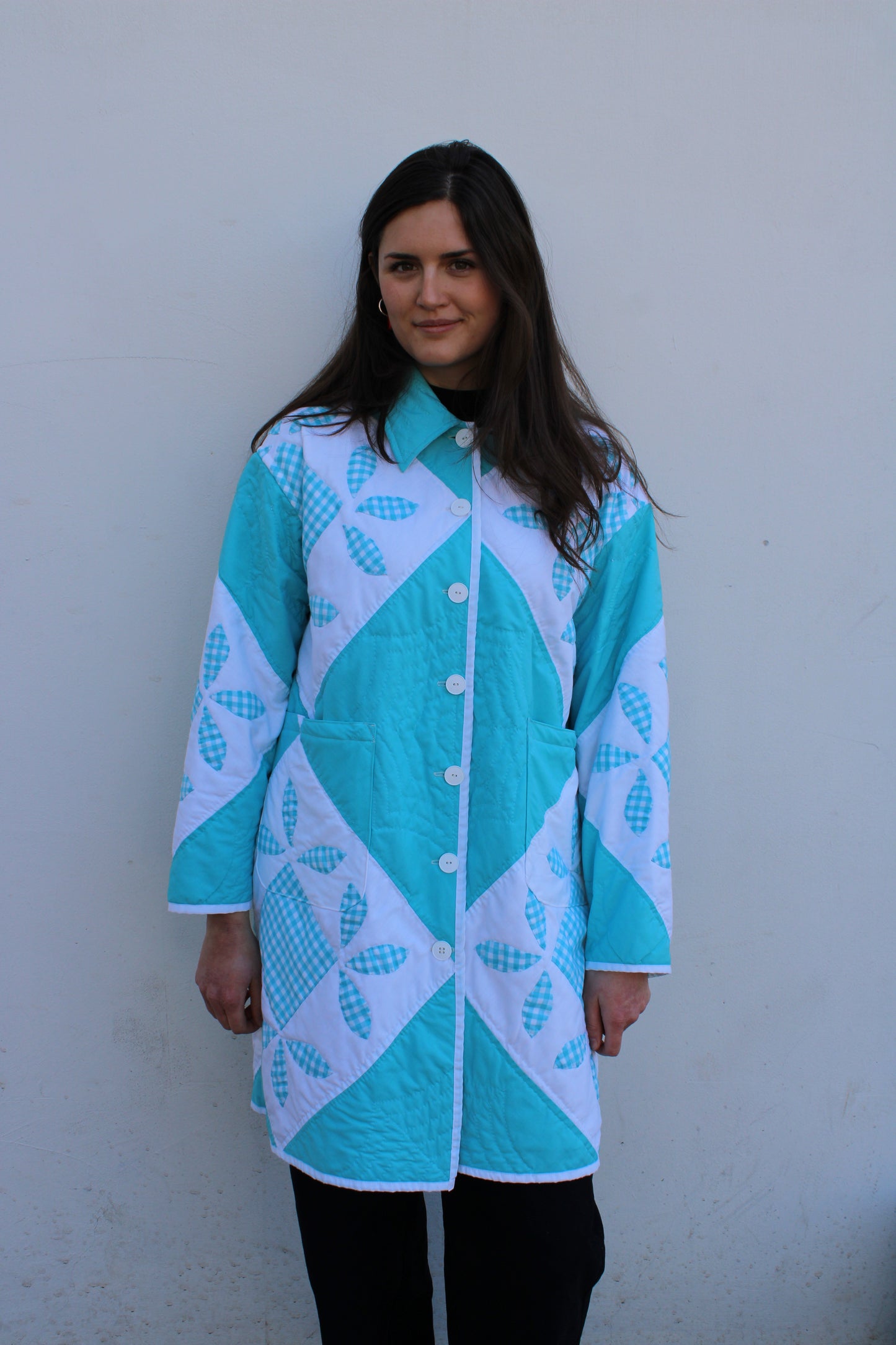 Blue and White Floral Long Quilt Jacket (M-2XL)