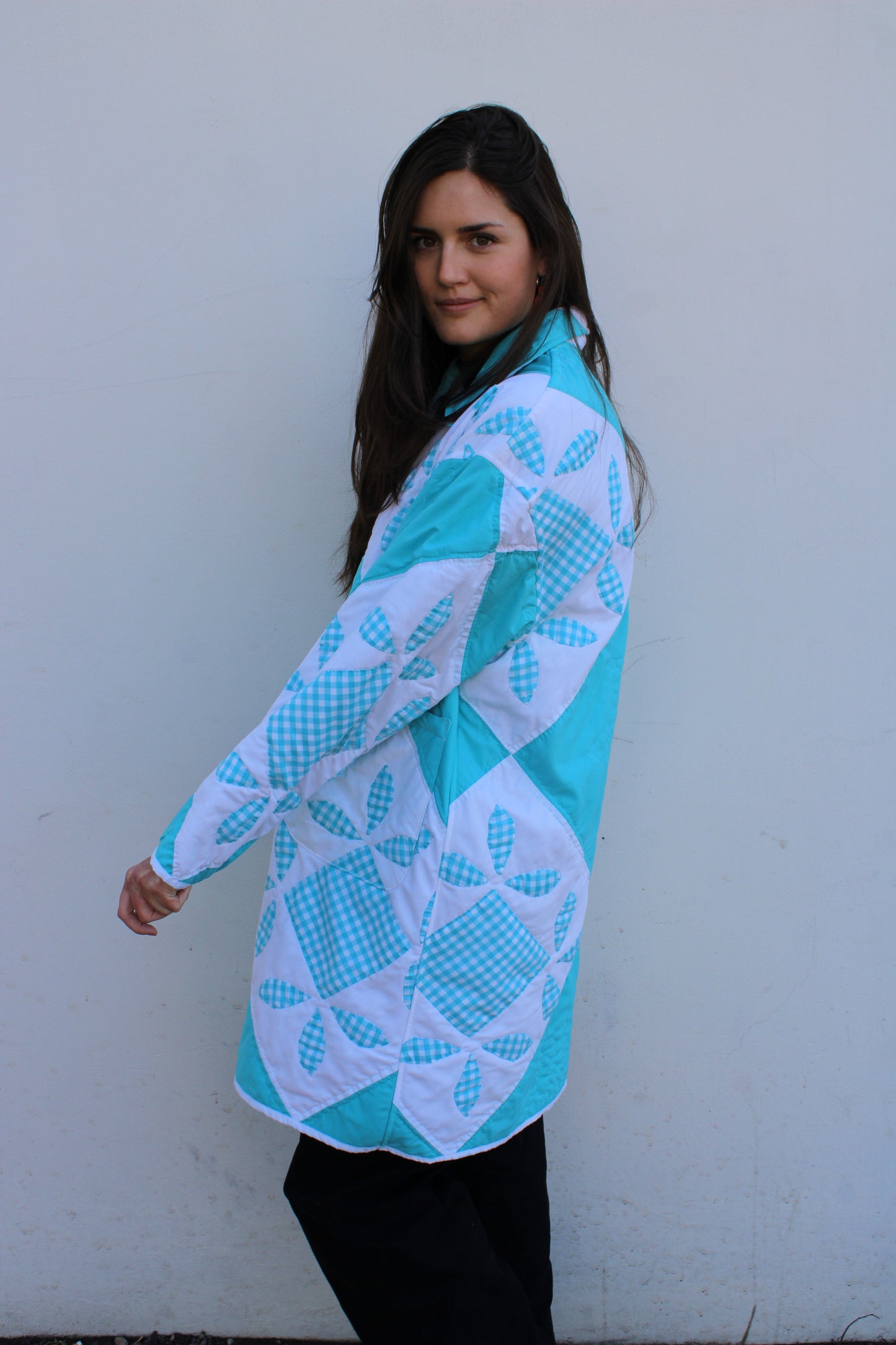 Blue and White Floral Long Quilt Jacket (M-2XL)
