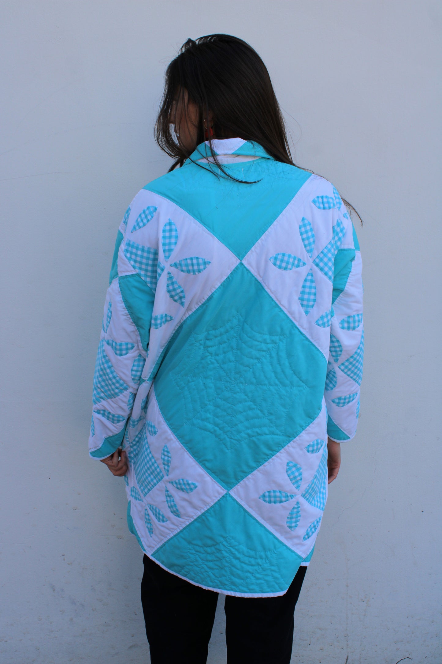 Blue and White Floral Long Quilt Jacket (M-2XL)