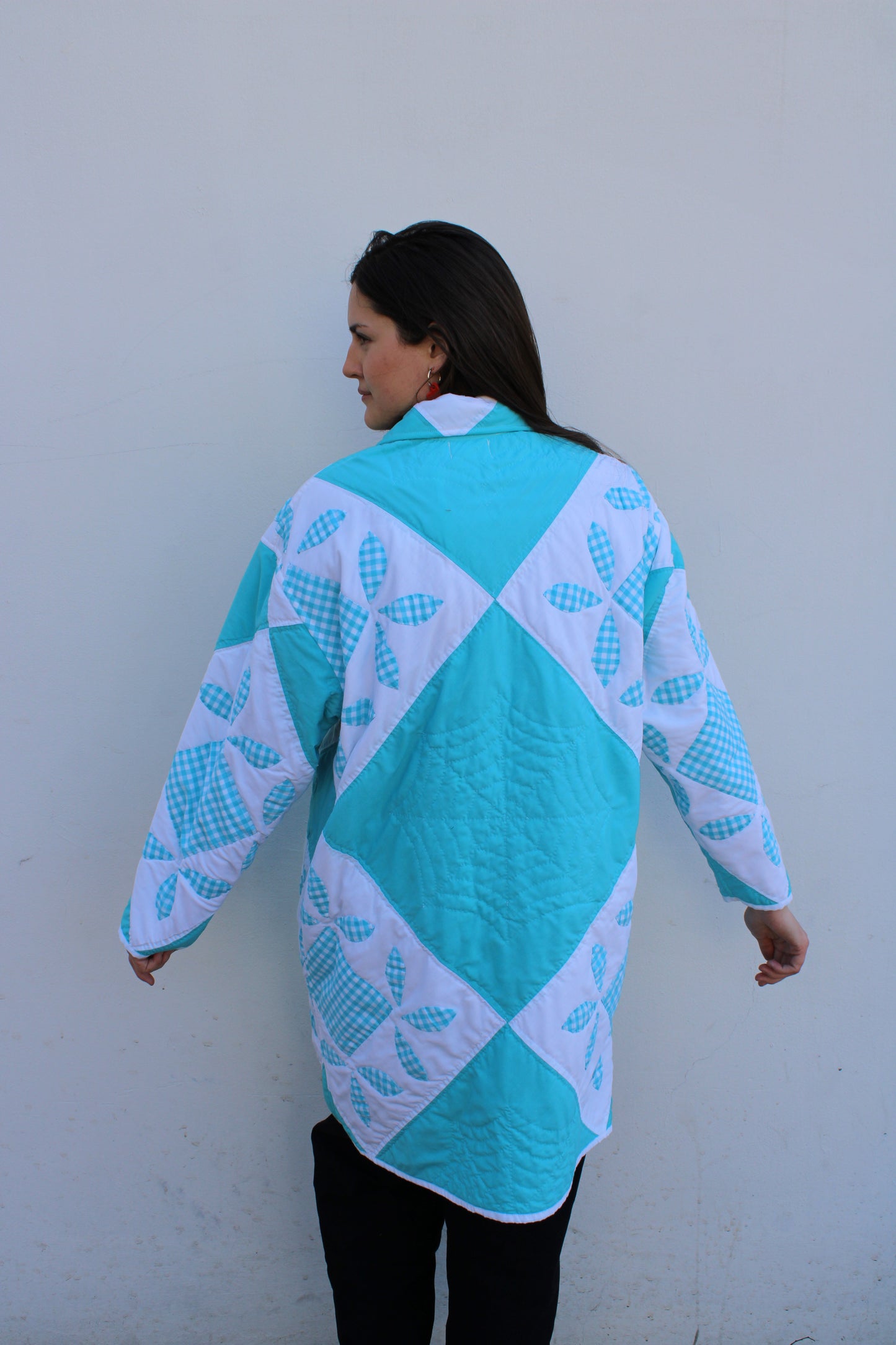 Blue and White Floral Long Quilt Jacket (M-2XL)