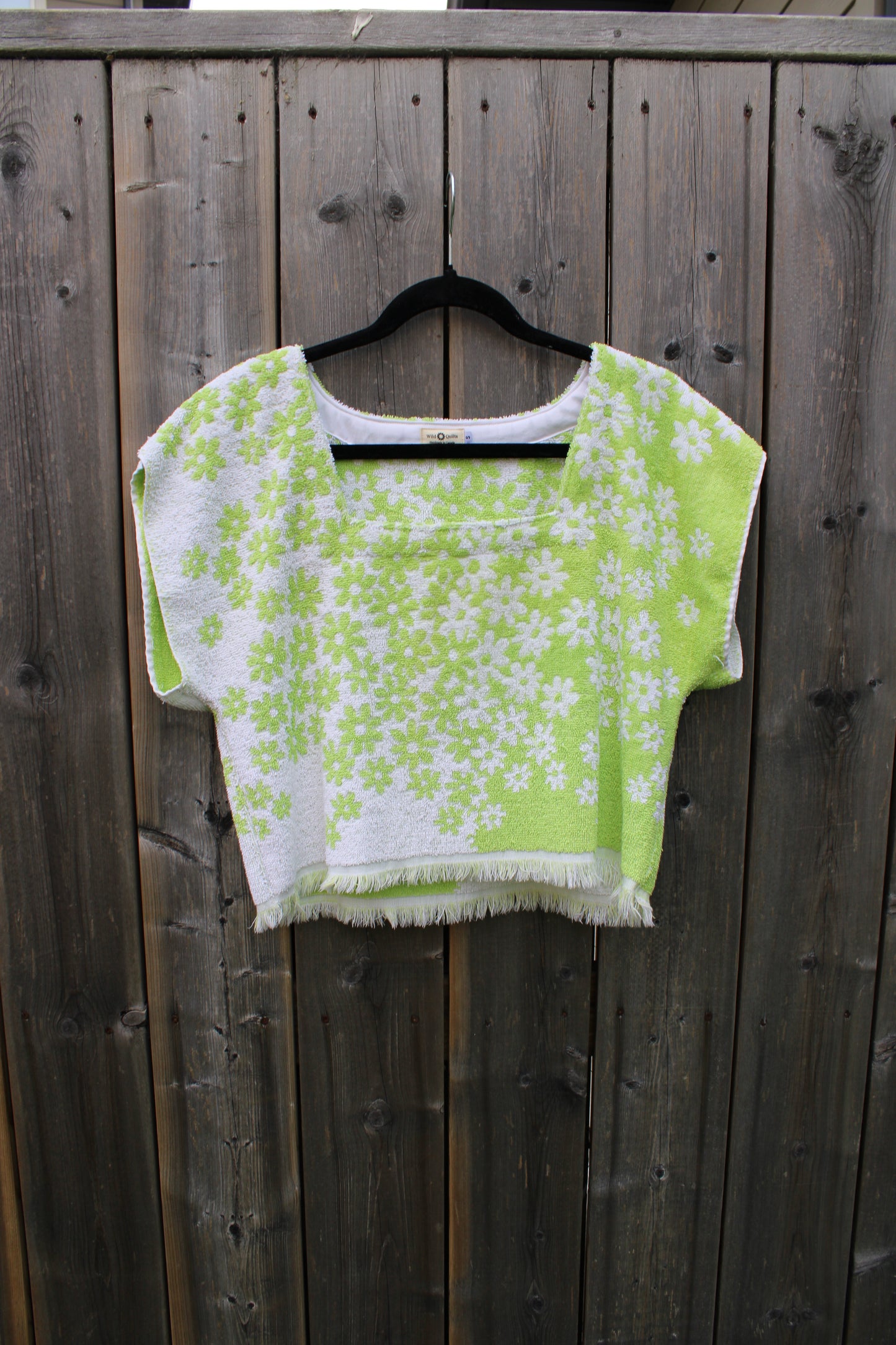 Vintage Towel Blouse -Green Daisy Floral Square Neck Shirt (S)