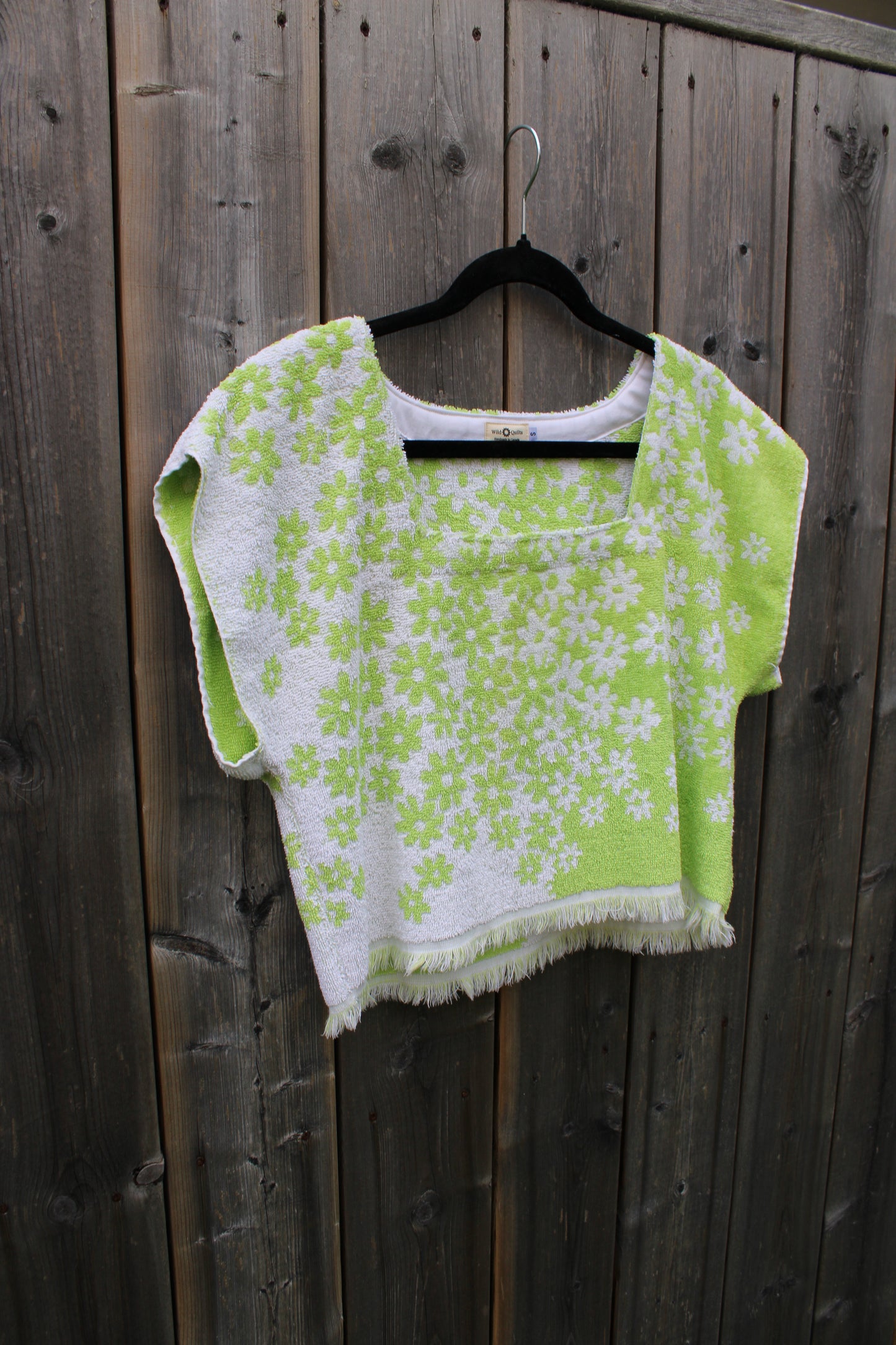 Vintage Towel Blouse -Green Daisy Floral Square Neck Shirt (S)
