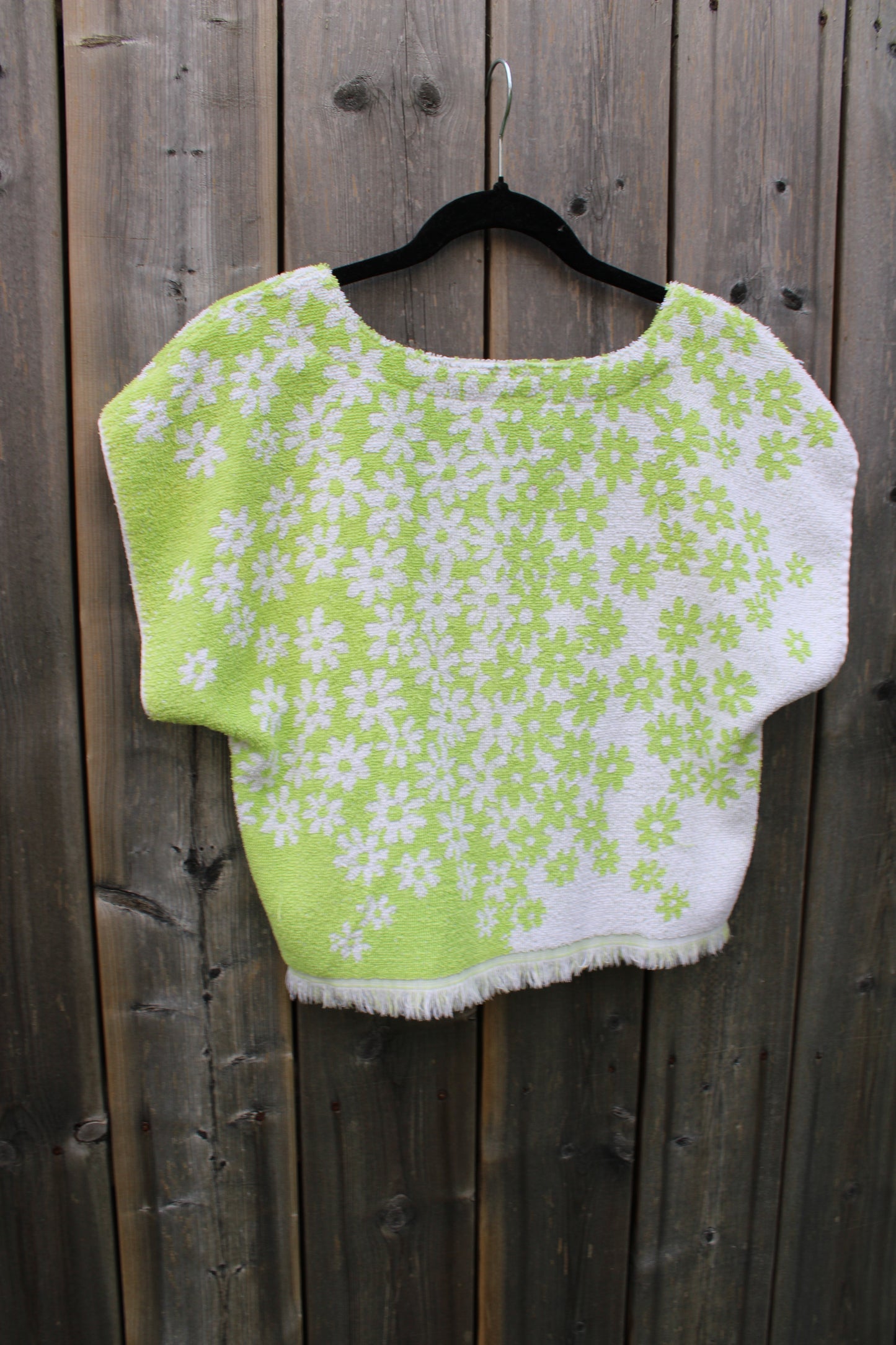 Vintage Towel Blouse -Green Daisy Floral Square Neck Shirt (S)