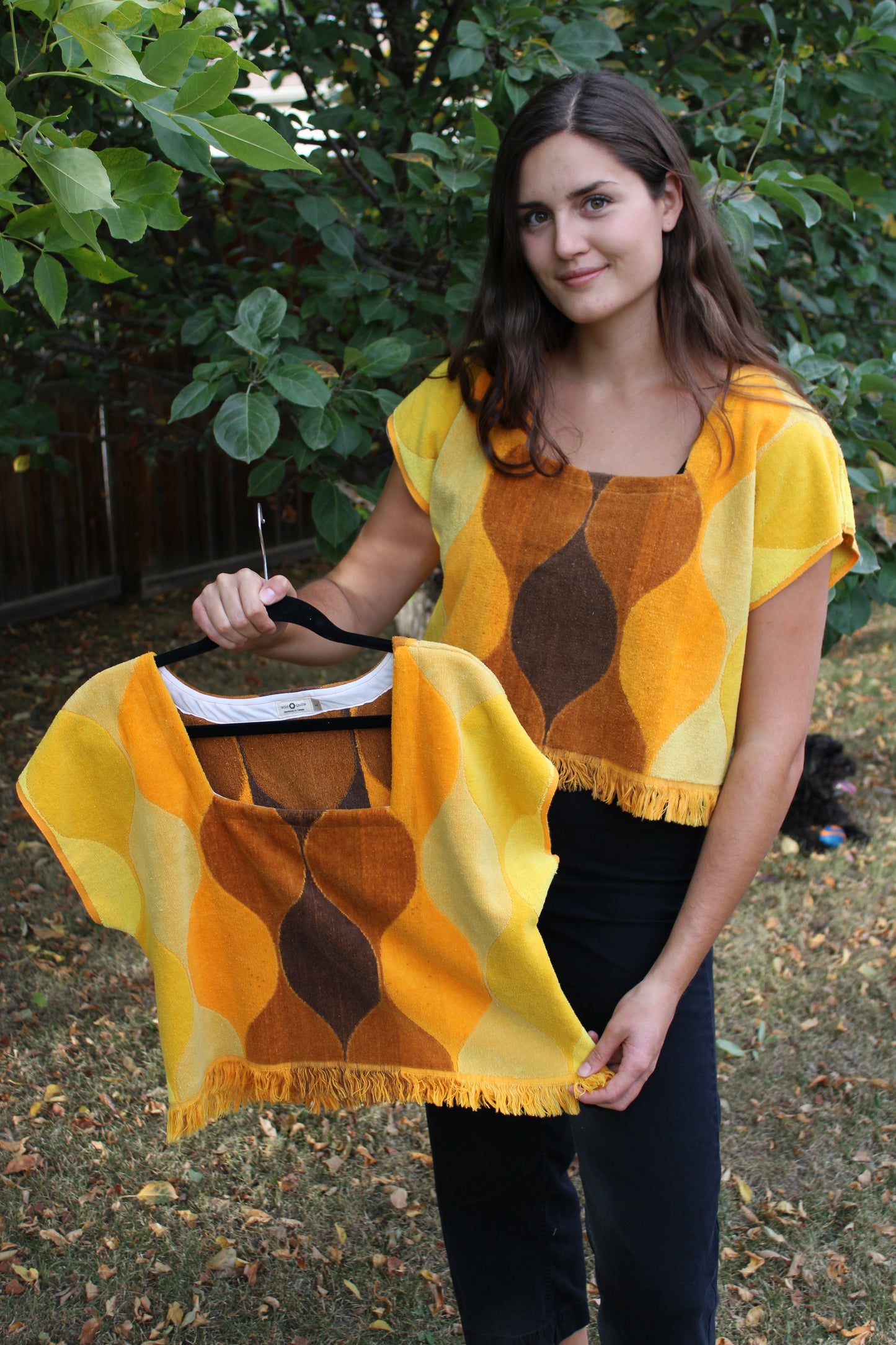 Vintage Towel Blouse (XL) - 70s Orange, Yellow and Brown Square Neck Shirt