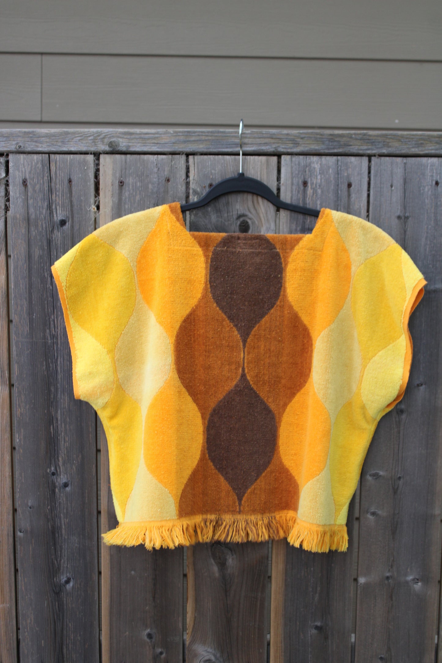 Vintage Towel Blouse (XL) - 70s Orange, Yellow and Brown Square Neck Shirt