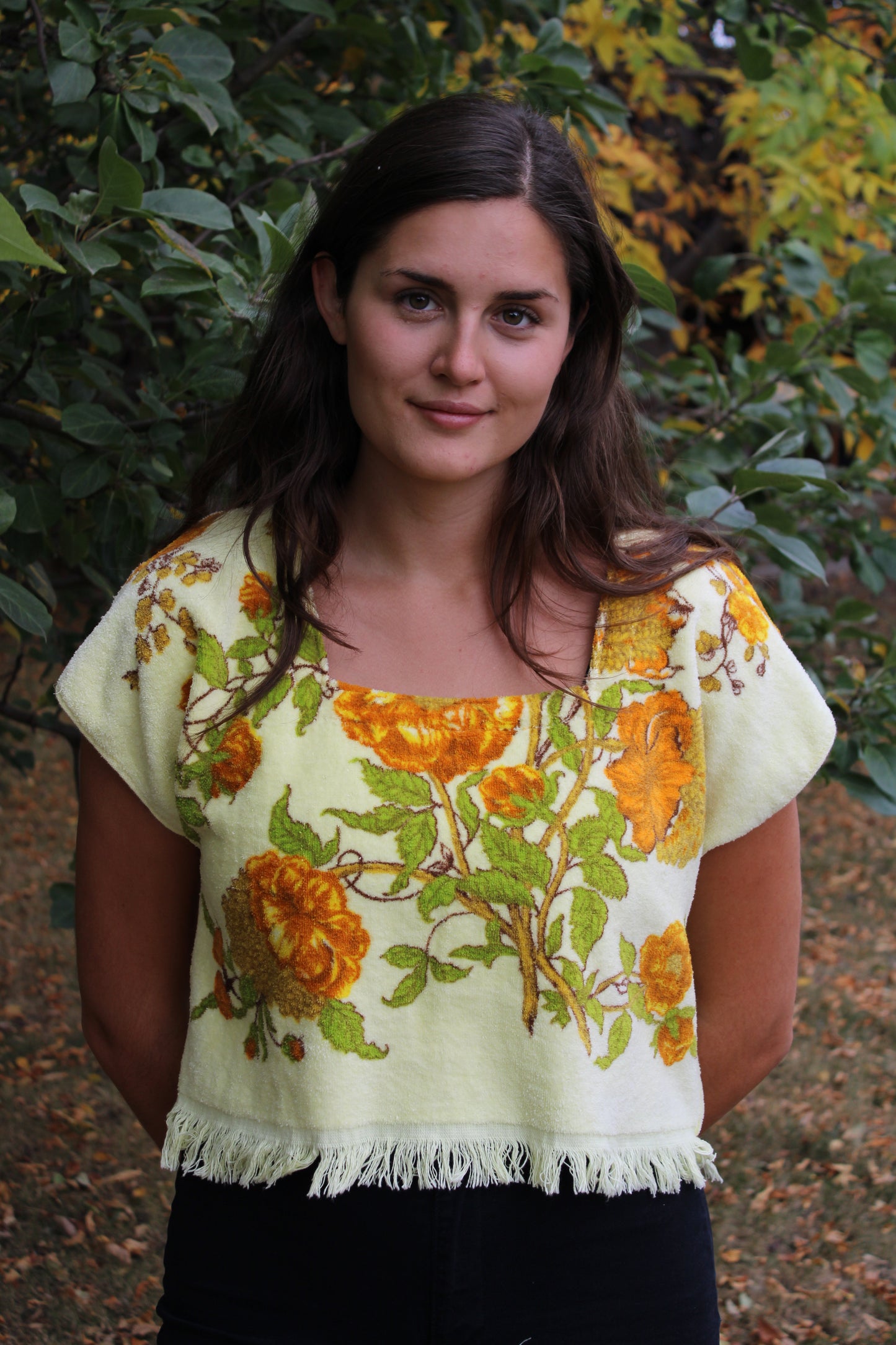 Vintage Towel Blouse (L) - Orange, Brown and Yellow Florals