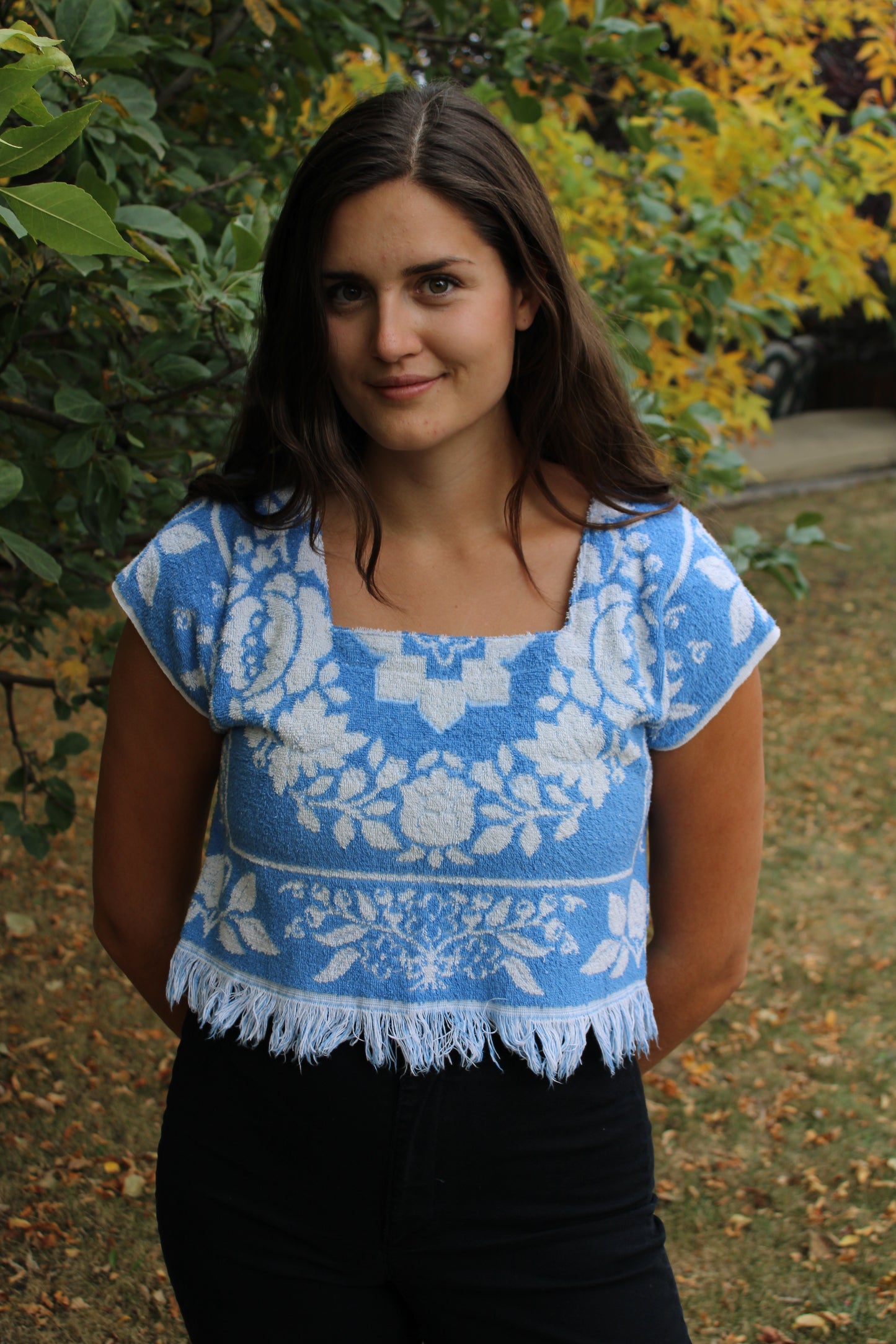 Vintage Towel Blouse (M) - Blue and White Florals