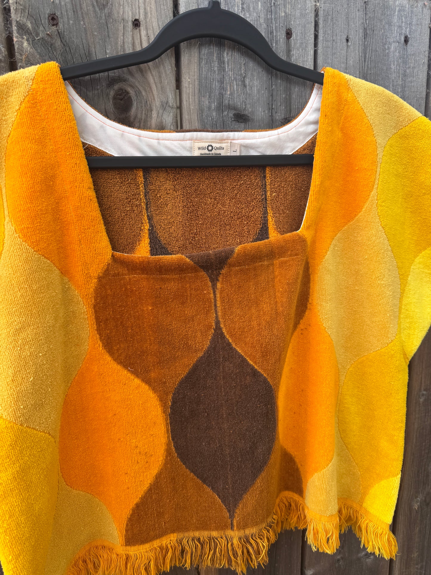 Vintage Towel Blouse (L) - 70s Orange, Yellow and Brown Square Neck Shirt