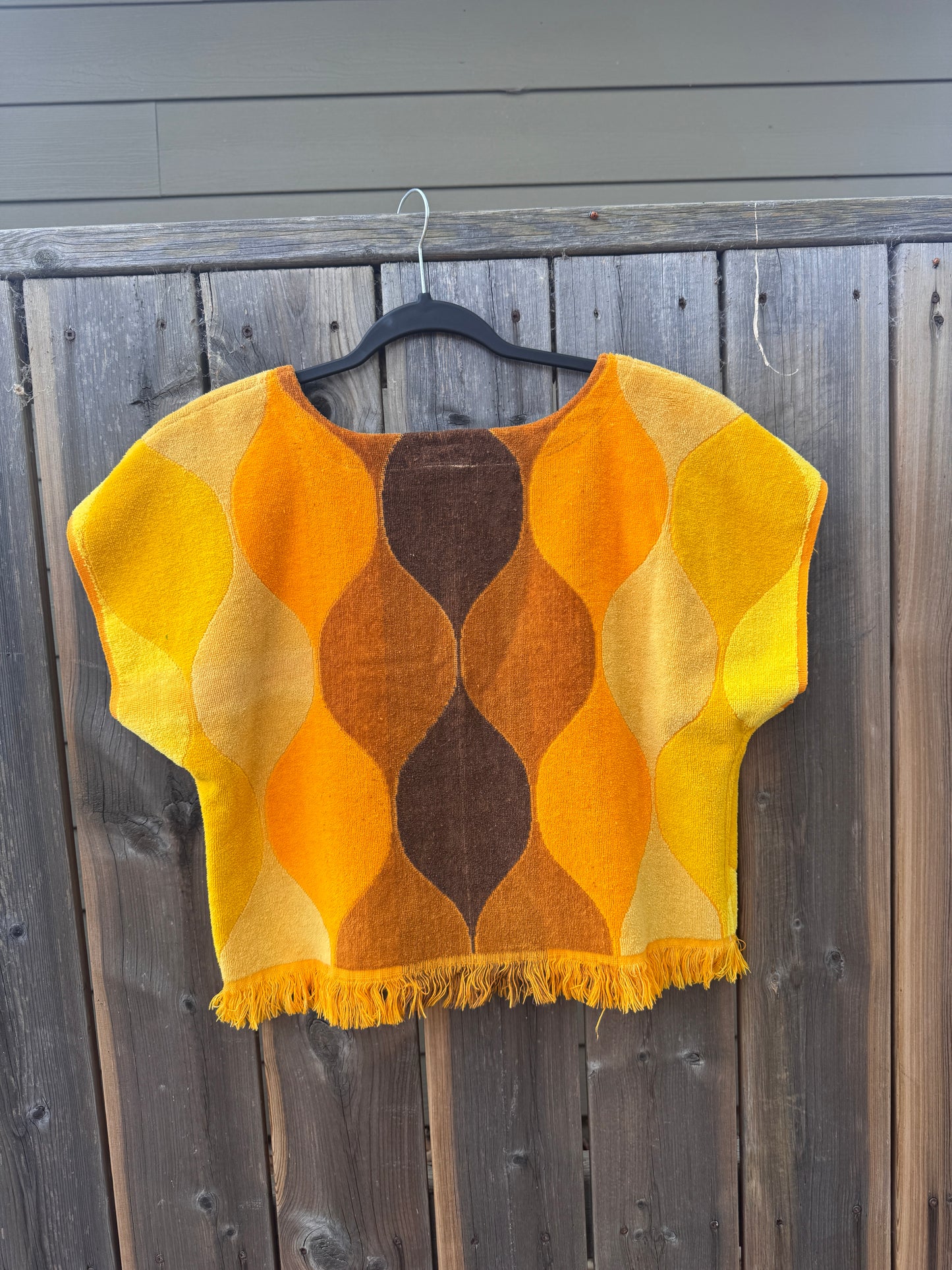 Vintage Towel Blouse (L) - 70s Orange, Yellow and Brown Square Neck Shirt