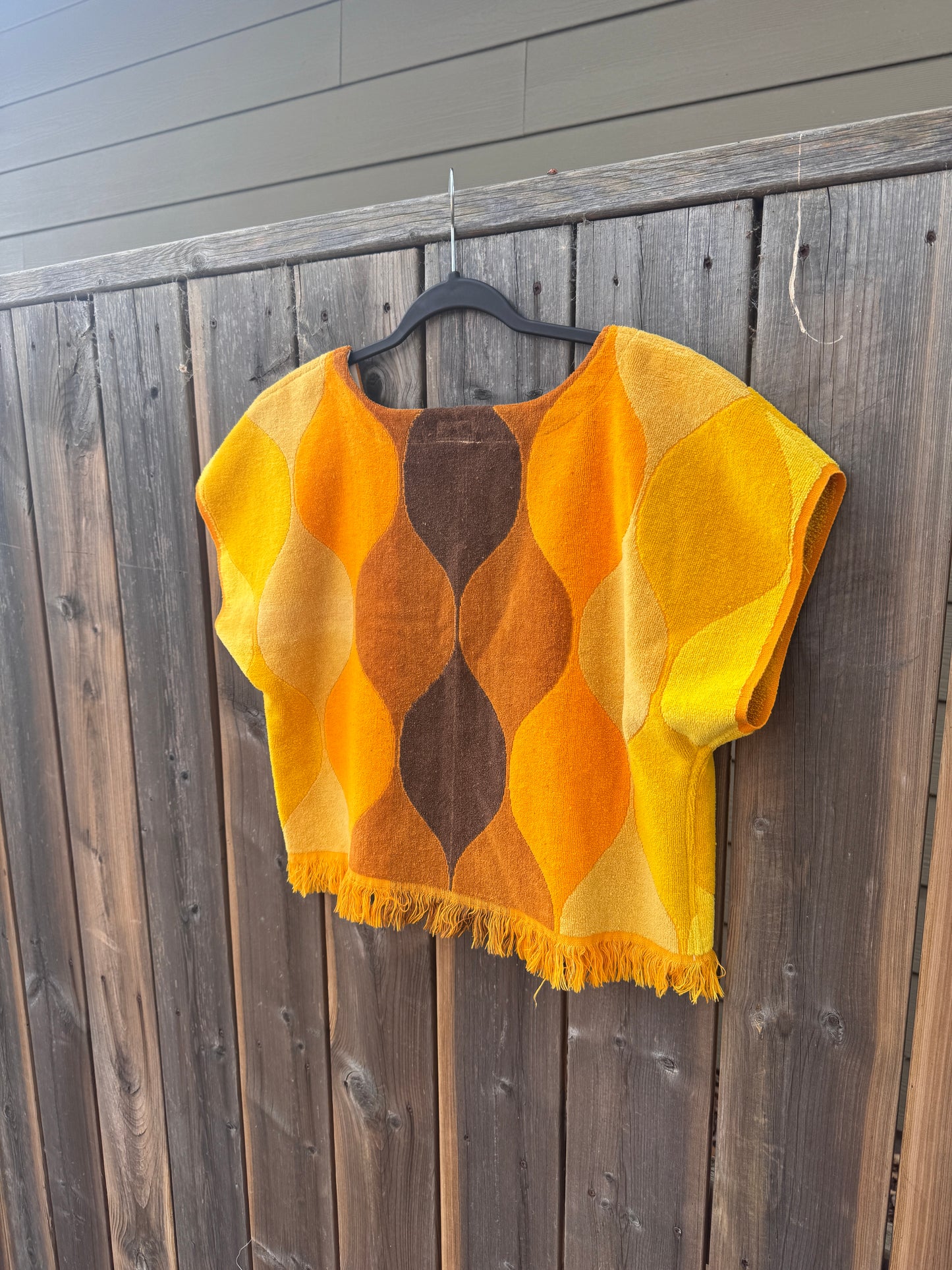 Vintage Towel Blouse (L) - 70s Orange, Yellow and Brown Square Neck Shirt