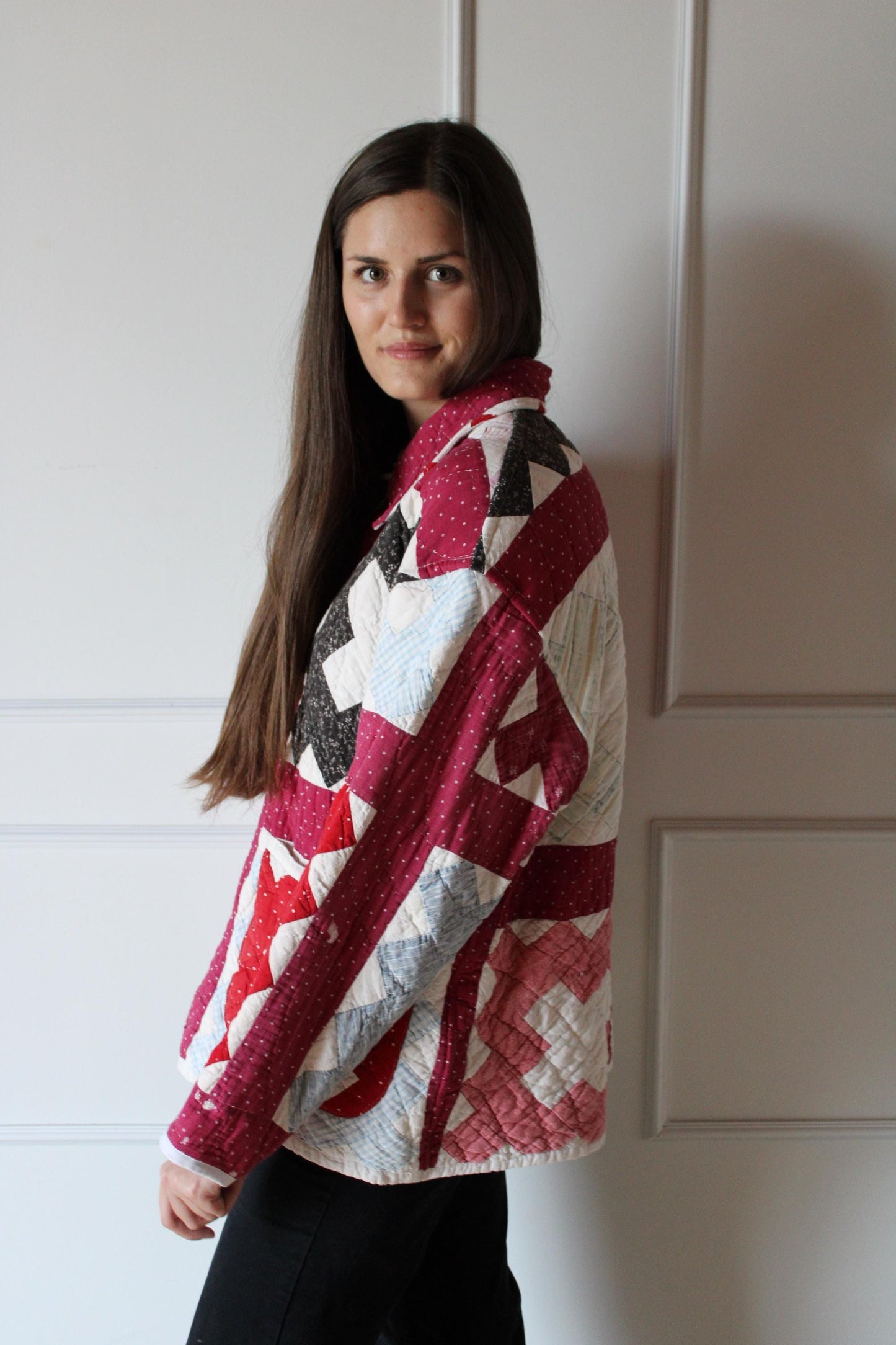 Red, Black and Pink Vintage Quilt Jacket (L)