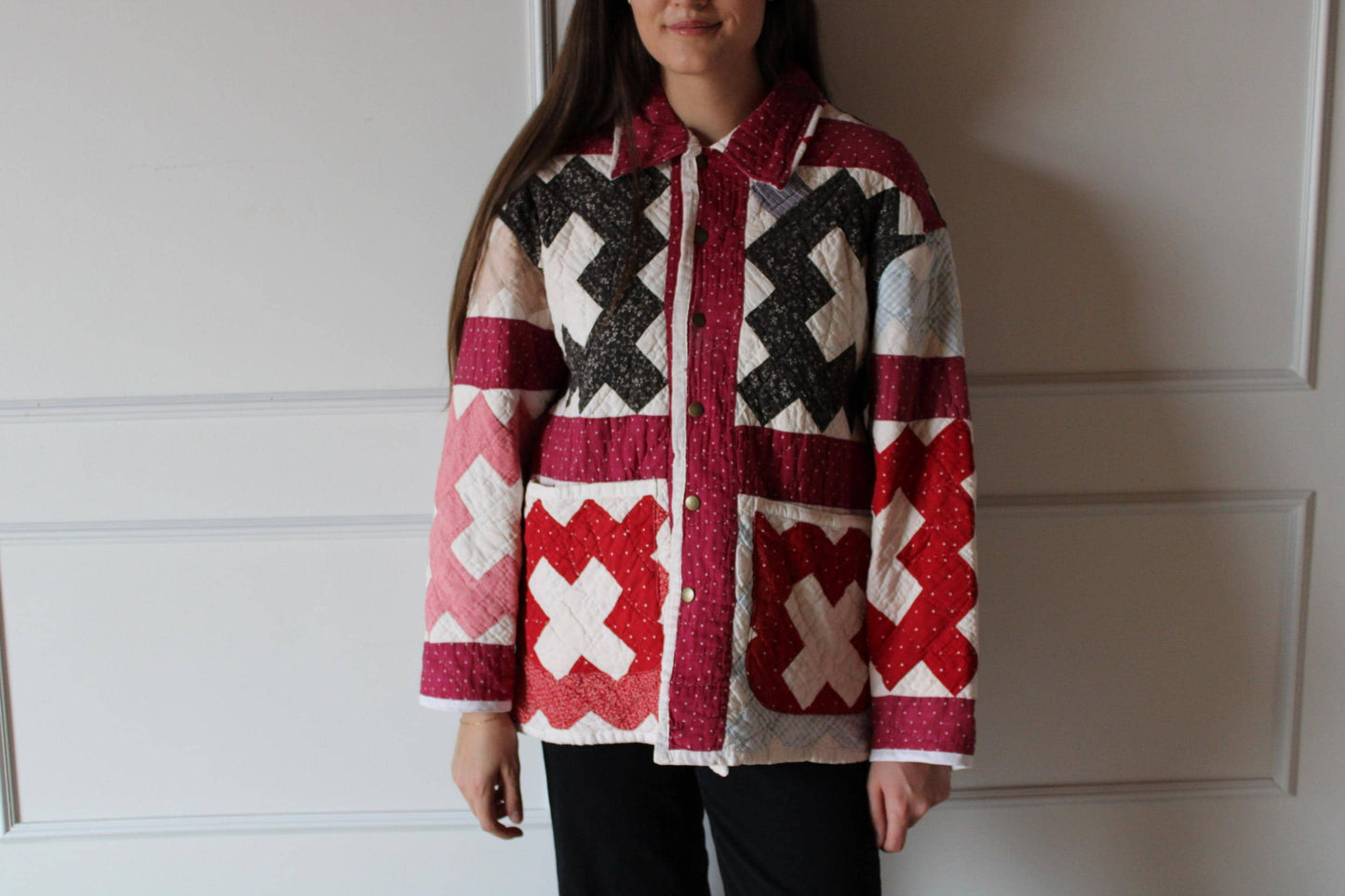 Red, Black and Pink Vintage Quilt Jacket (L)