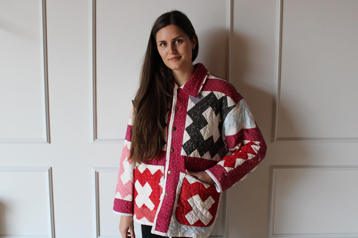 Red, Black and Pink Vintage Quilt Jacket (L)