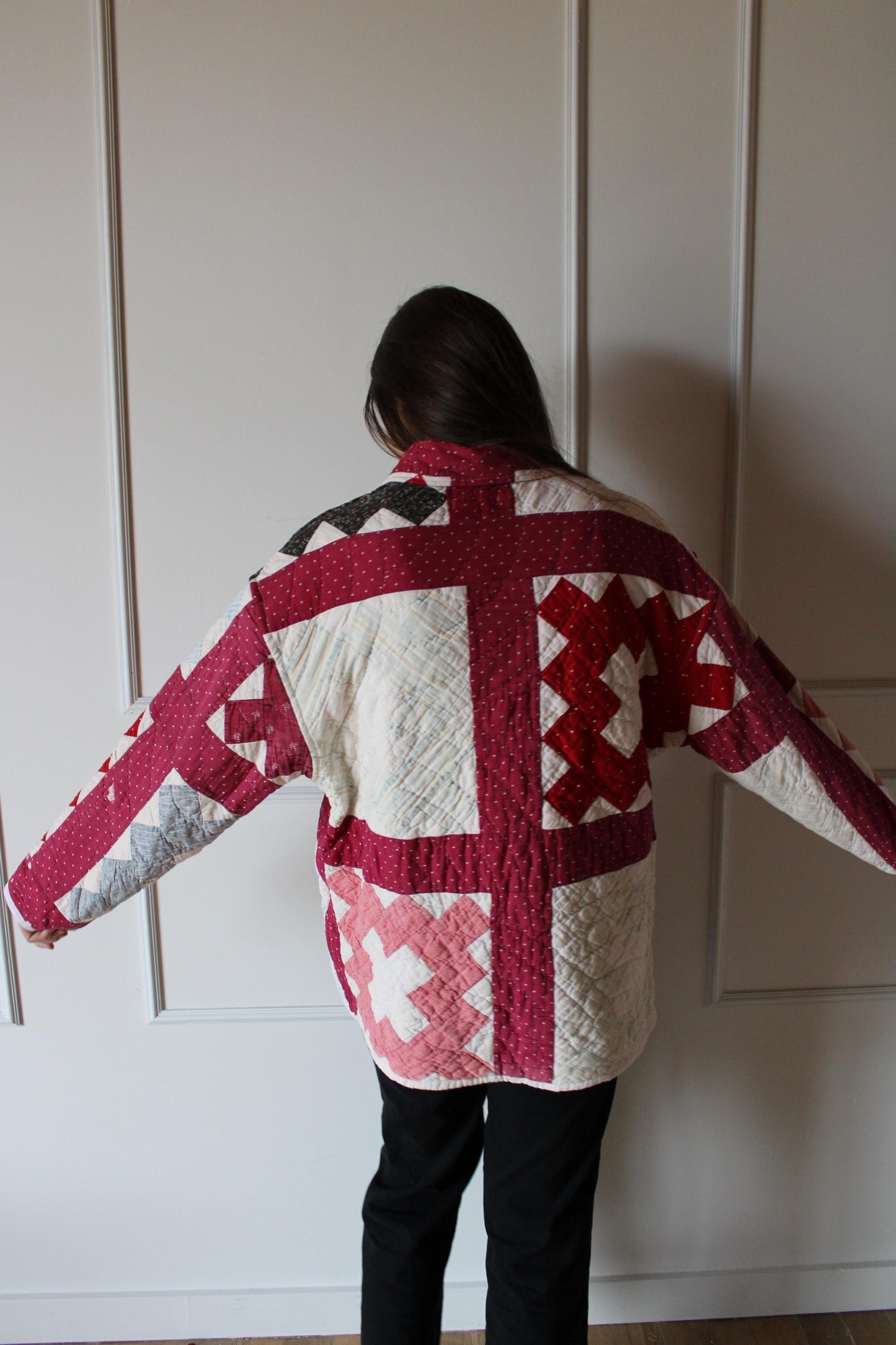 Red, Black and Pink Vintage Quilt Jacket (L)