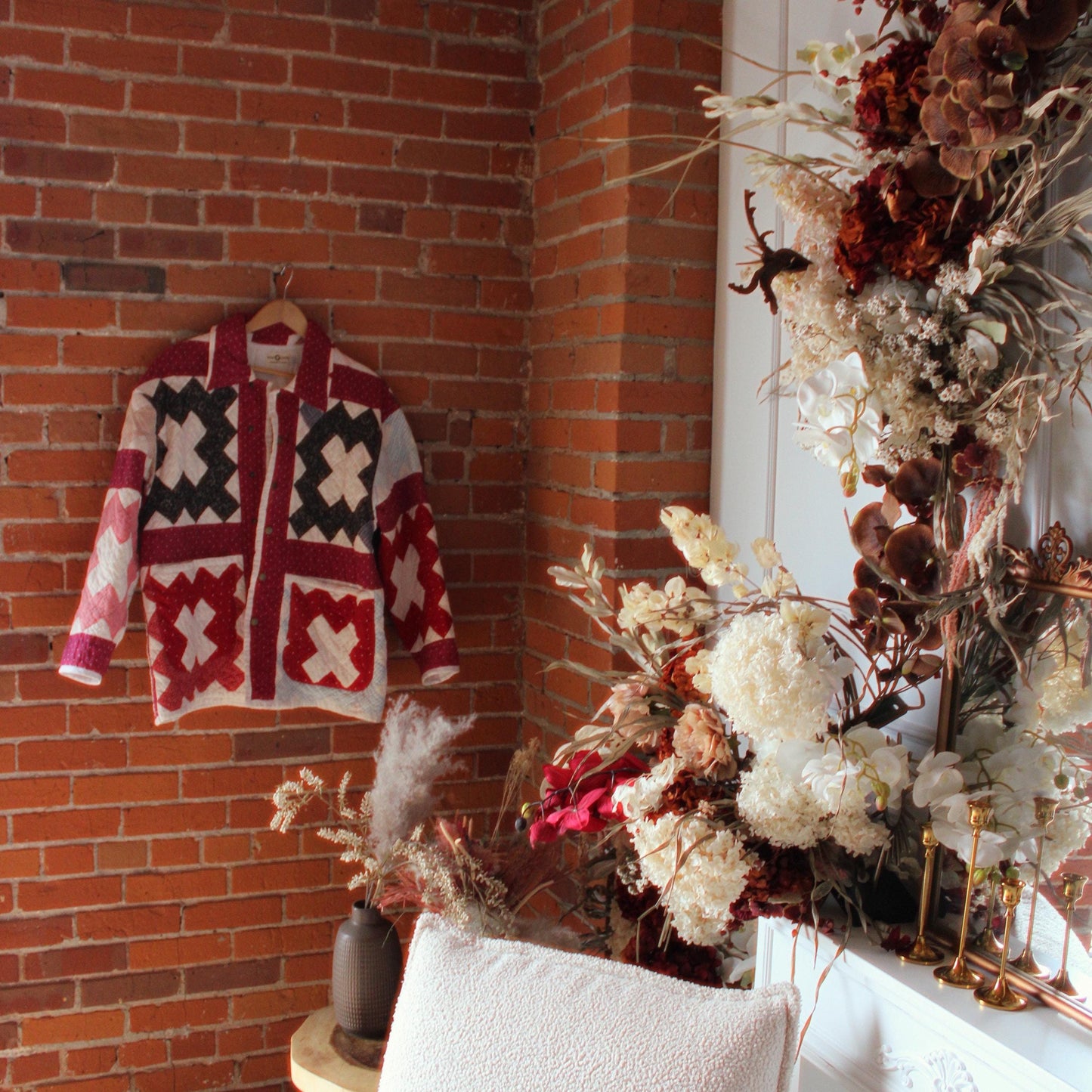 Red, Black and Pink Vintage Quilt Jacket (L)