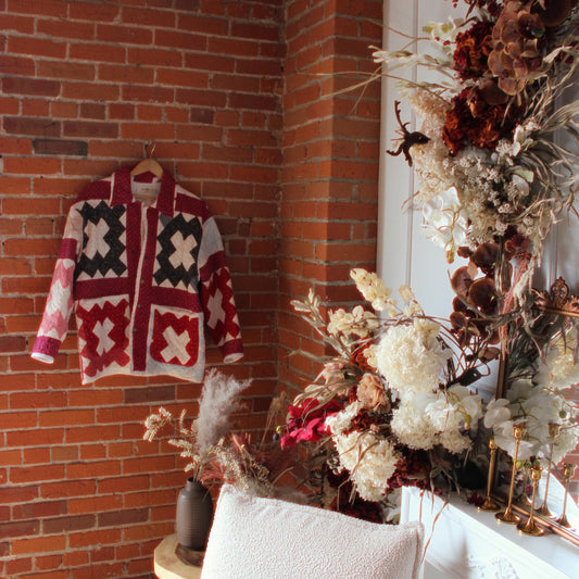 Red, Black and Pink Vintage Quilt Jacket (L)