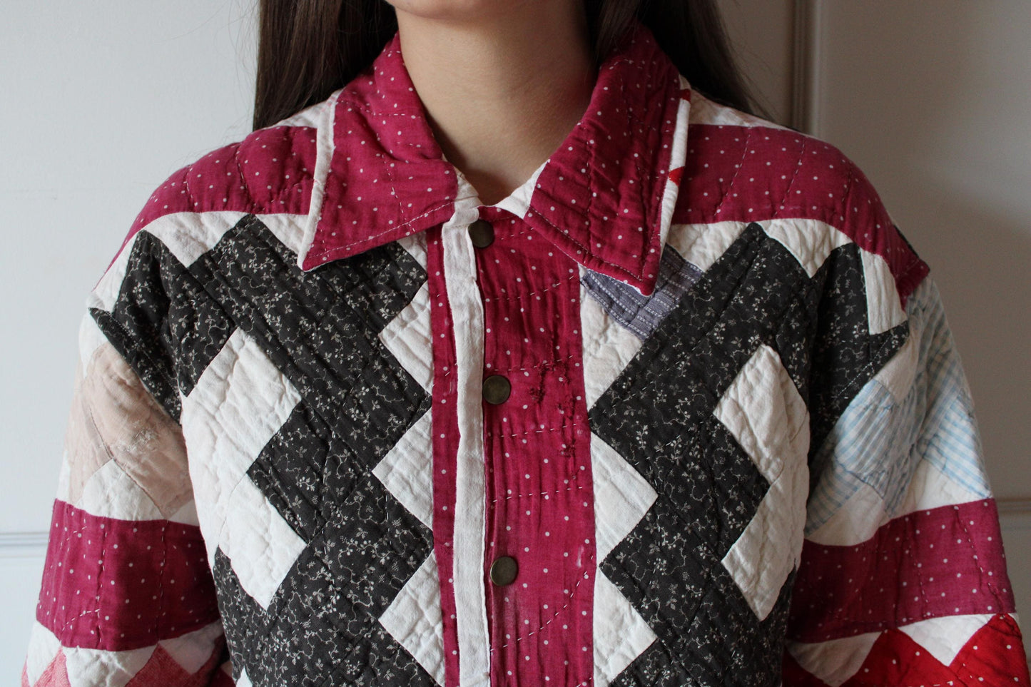 Red, Black and Pink Vintage Quilt Jacket (L)