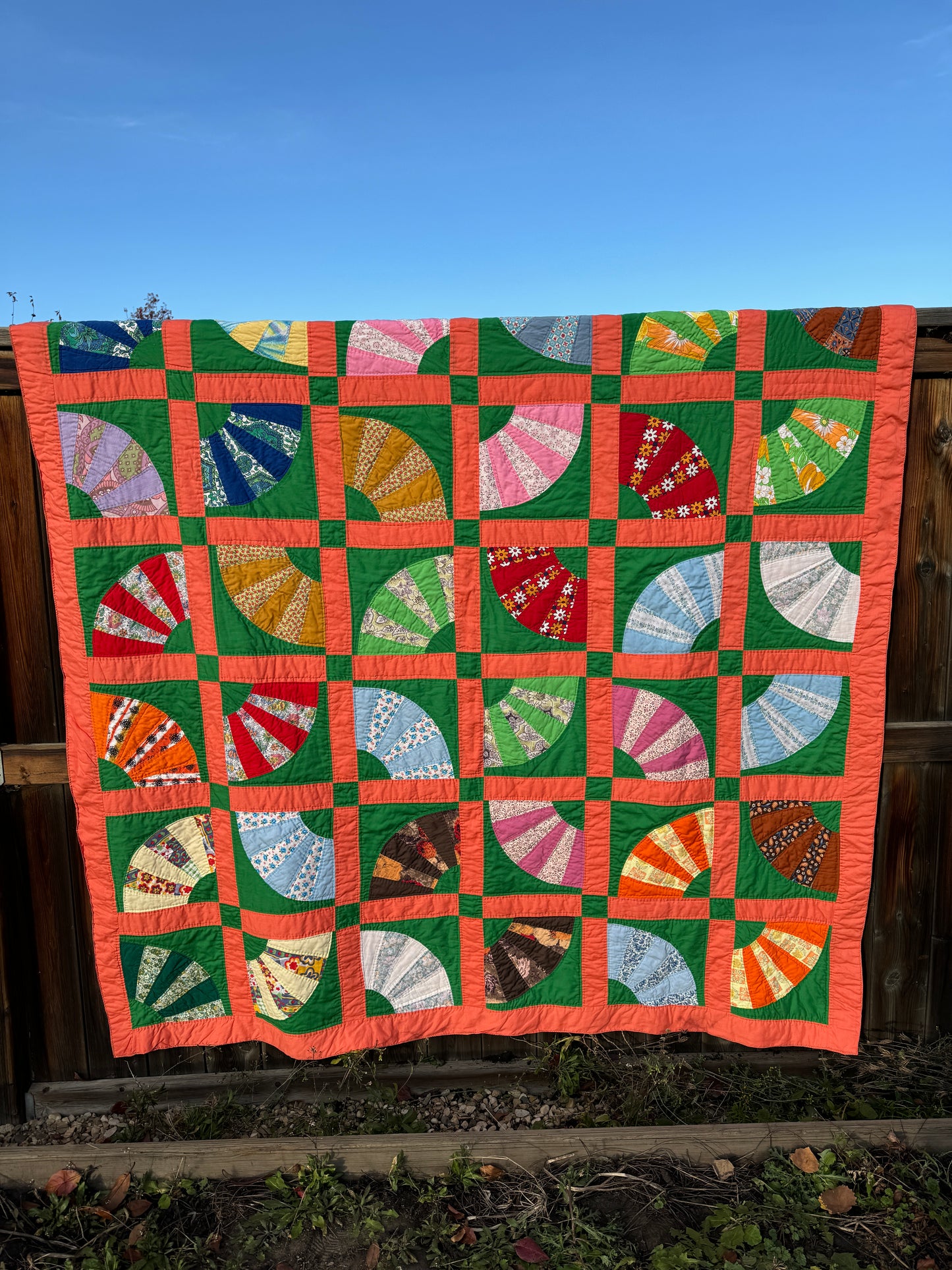 Custom Quilt Jacket - Coral and Green Fans