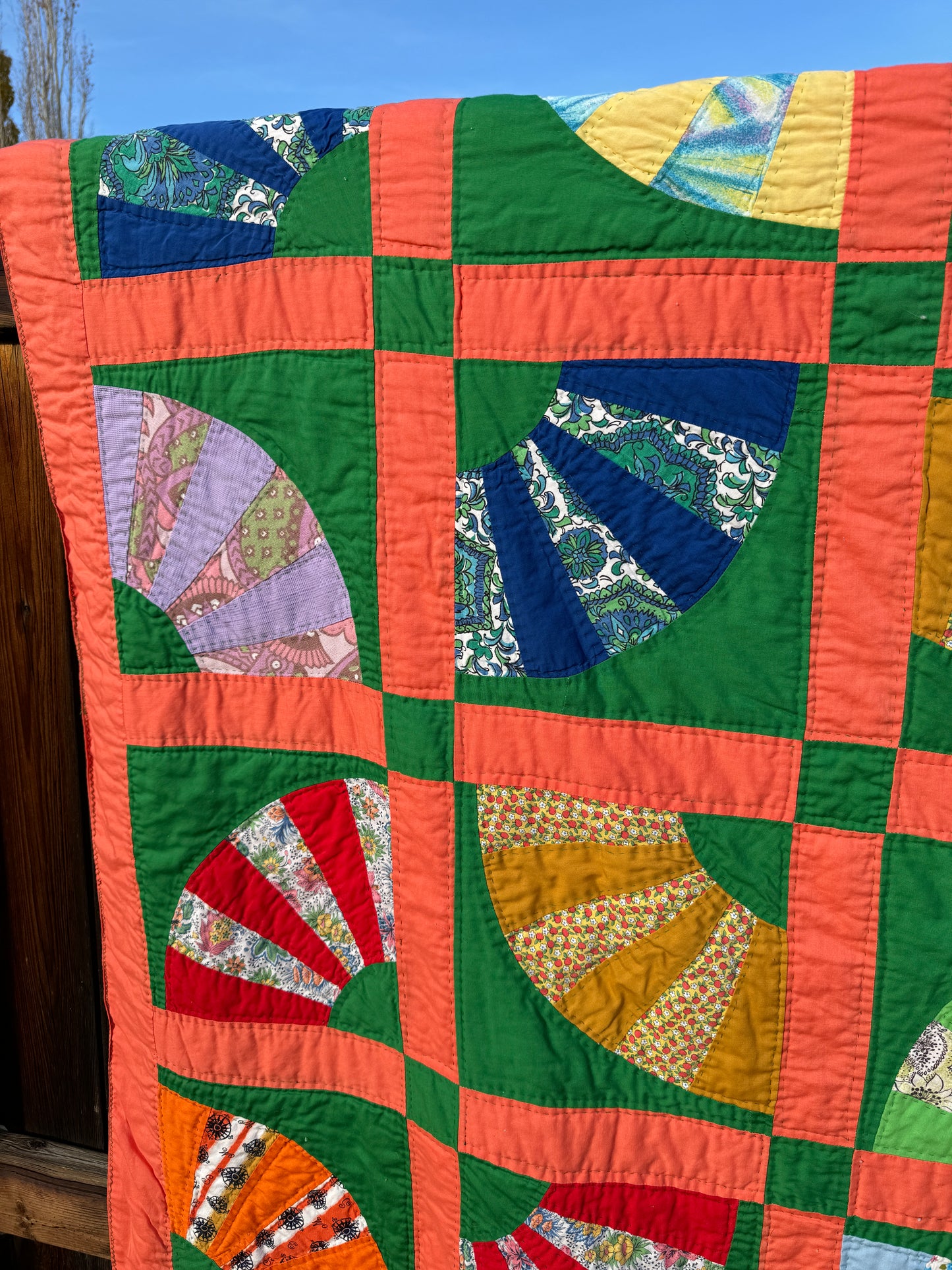 Custom Quilt Jacket - Coral and Green Fans