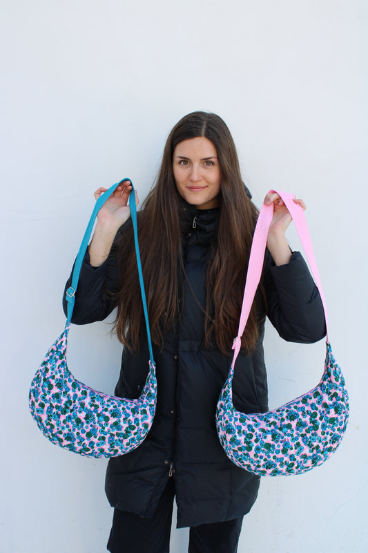 Blue and Pink Flower Power Crescent Bags