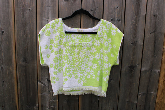 Vintage Towel Blouse -Green Daisy Floral Square Neck Shirt (S)