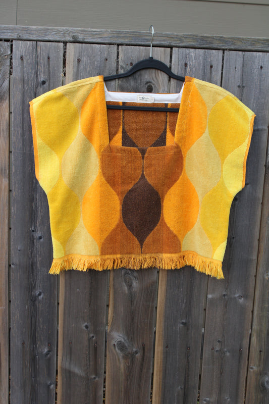 Vintage Towel Blouse (XL) - 70s Orange, Yellow and Brown Square Neck Shirt