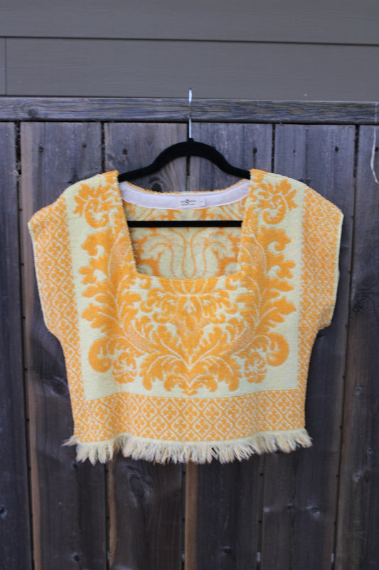 Vintage Towel Blouse (S) - Yellow and Orange Brocade
