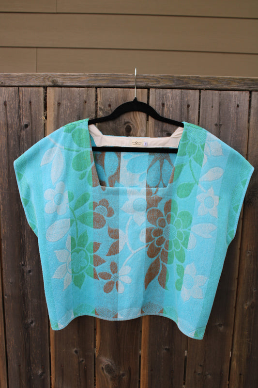 Vintage Towel Blouse (XXL) - Blue Flower Power