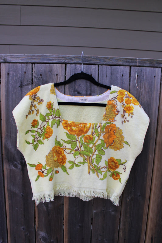 Vintage Towel Blouse (L) - Orange, Brown and Yellow Florals
