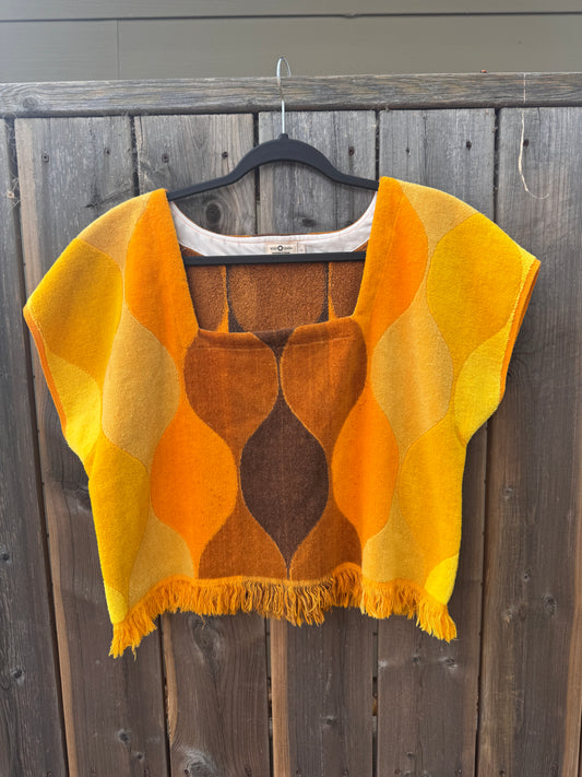 Vintage Towel Blouse (L) - 70s Orange, Yellow and Brown Square Neck Shirt