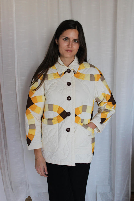 Yellow & Brown Double Wedding Ring Quilt Coat (S/M)