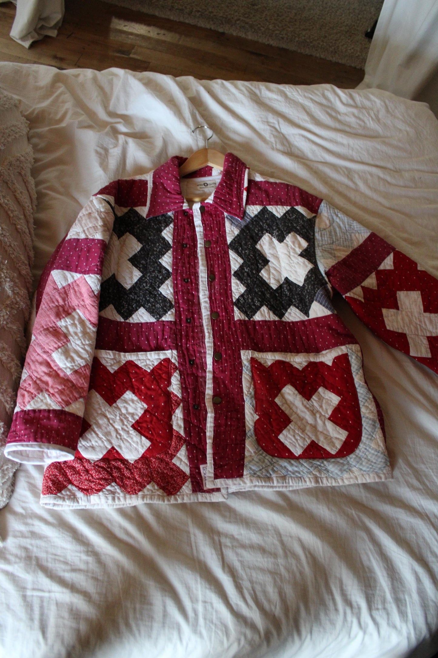 Red, Black and Pink Vintage Quilt Jacket (L)